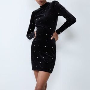 Zara Velvet Mini Dress with Pearl Accents